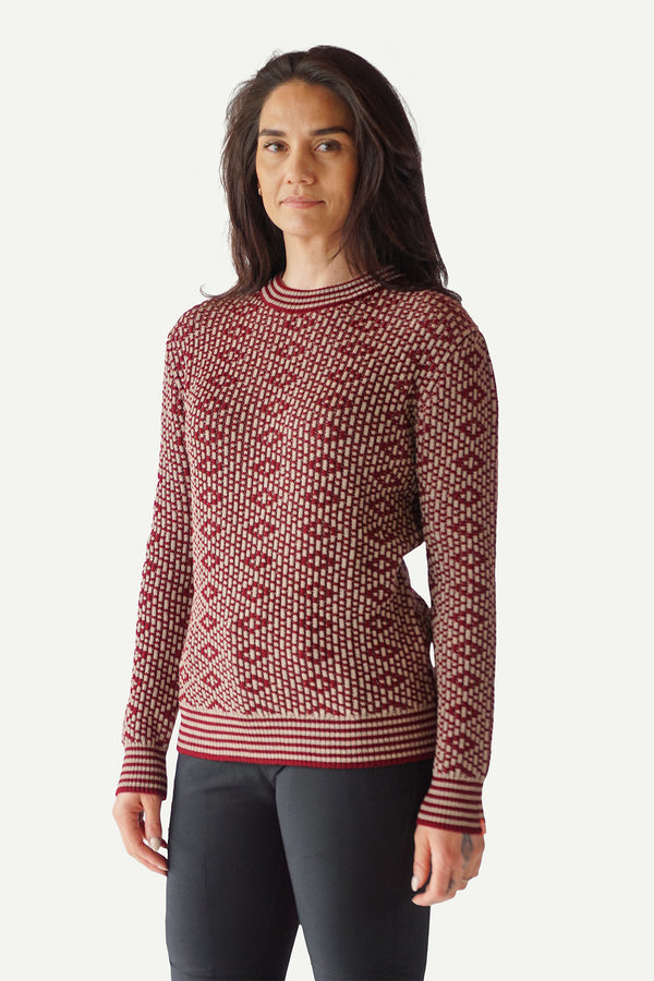 Lanullva Mønsterstrikket Ullgenser Crewneck, Vinrød